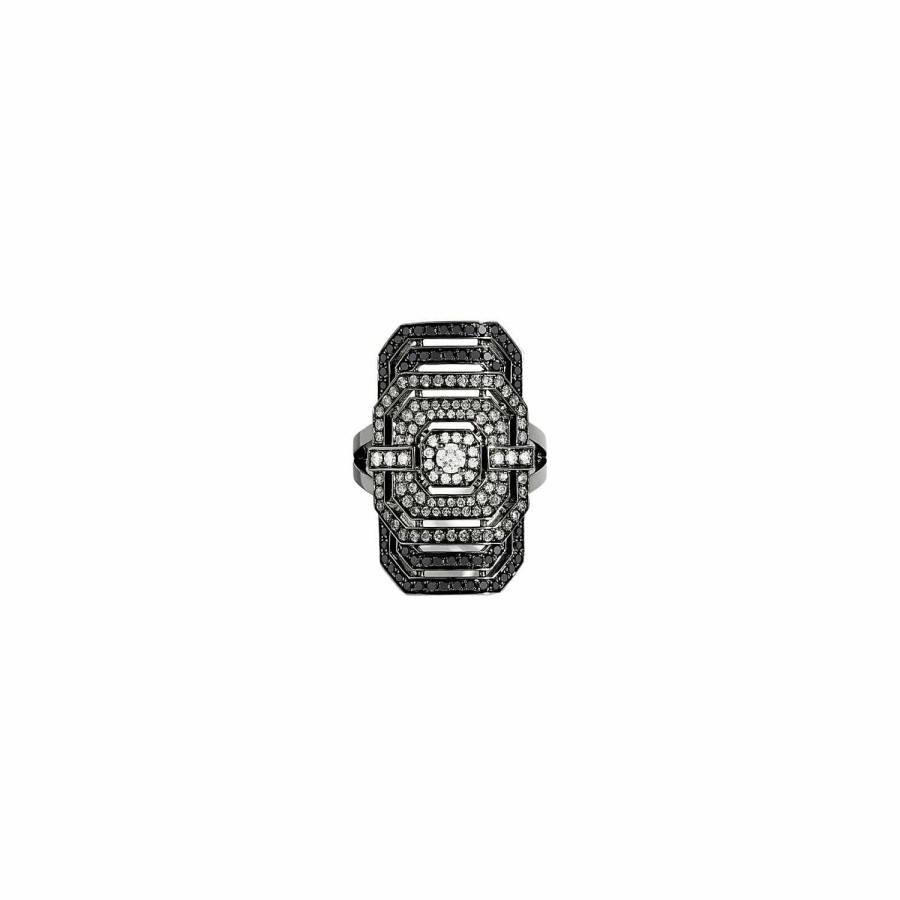 Bagues Statement | Bague Statement My Way En Argent Pav E De Diamants Blancs Et Noirs